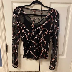White House Black Market embroidered blouse, sheer sleeves
